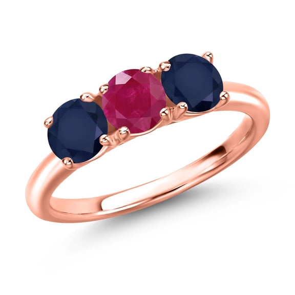 Gem Stone King 18K Rose Gold Plated Silver Red Ruby and Blue Sapphire Engagement Ring for Women | 1.75 Cttw | Round 5MM | Gemstone July Birthstone | Size 8