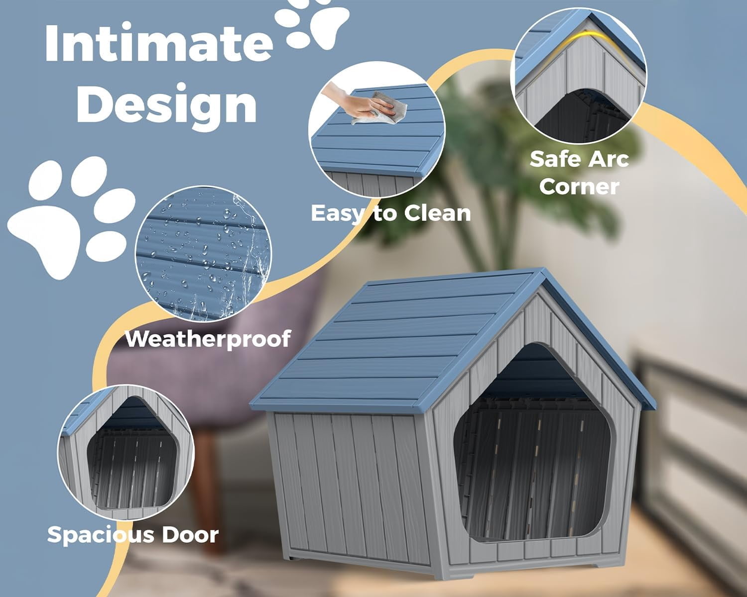 Dog House Indoor Outdoor Durable Resin Material Houses for Dogs Outside Weatherproof Cozy Small Dog Houses Pet Shelter for Patio, Porch, Living Room