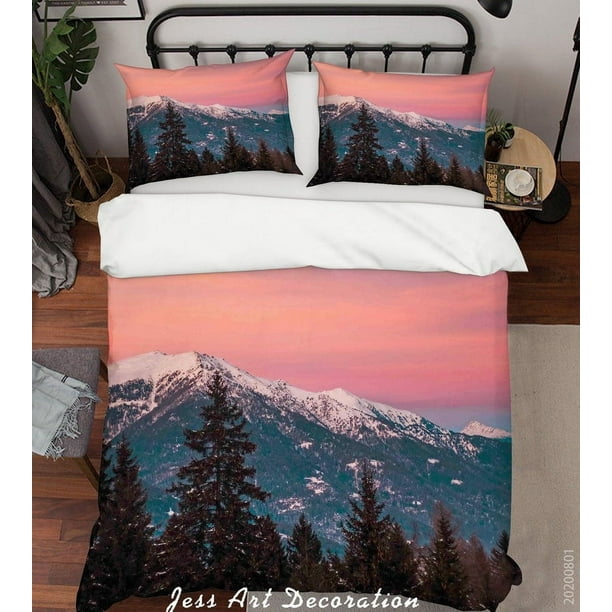 3D Cielo Rosa Hielo Montaña Bosque Funda nórdica Set Ropa de Cama Set Funda Nórdica