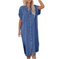 thumbnail image 2 of SMihono Robe d'Été Boho pour Femmes Grande Taille Mode Décontractée Col à Revers Couleur Unie Manches Courtes Robe Chemise Robe en Denim, 2 of 9