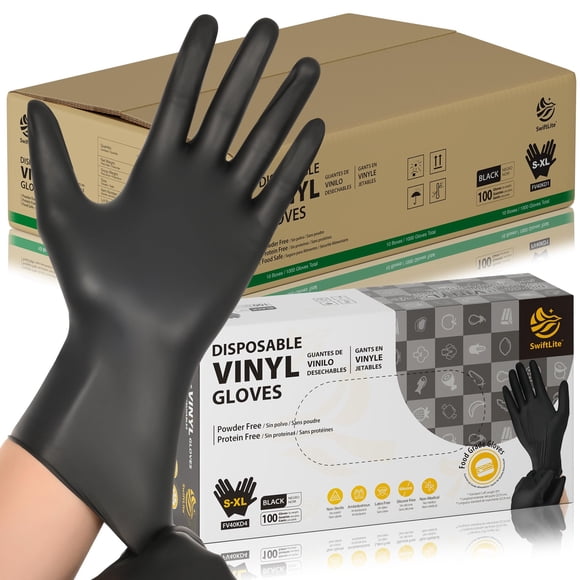 Guantes de vinilo negros SWIFTLITE, aptos para uso alimentario, desechables, sin látex ni polvo, guantes para limpiar, cocinar y preparar alimentos (1000, medianos)