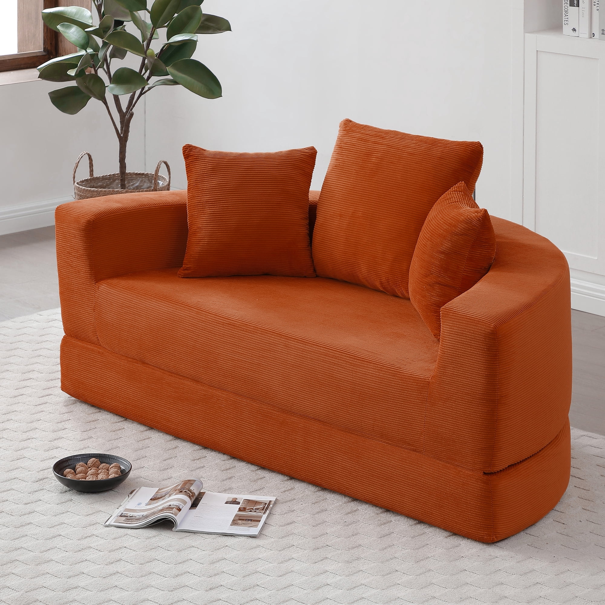 Miniyam 67" X 67" Convertible Sofa Corduroy Couch Bed For Apartment, Adjustable Futon Sofa No Assembly Compressed Sofa, Orange