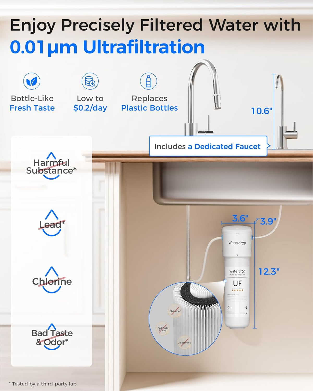 Waterdrop 10UBW-UF 0.01 μm Ultra Filtration Under Sink Water Filter System, Reduces Lead, Chlorine, Bad Taste & Odor, 1 Year