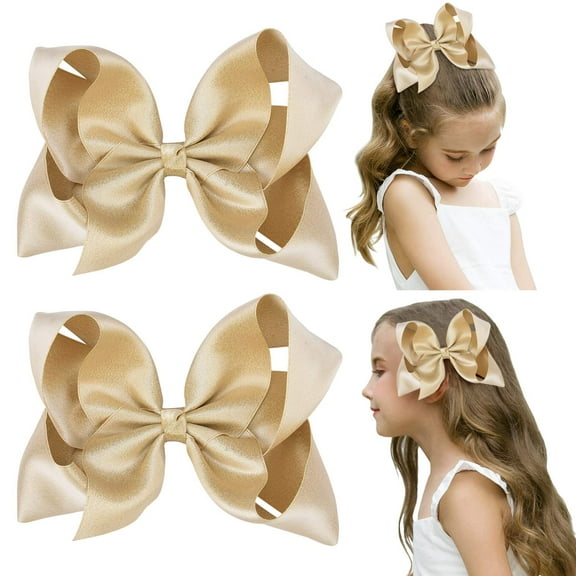 2 PCS 6" Big Hand-made Shiny Glitter Ribbon Hair Bows Alligator Clips Hair Accessories for Little Teen Toddler Girls Kids Set of 2 -Light Gold