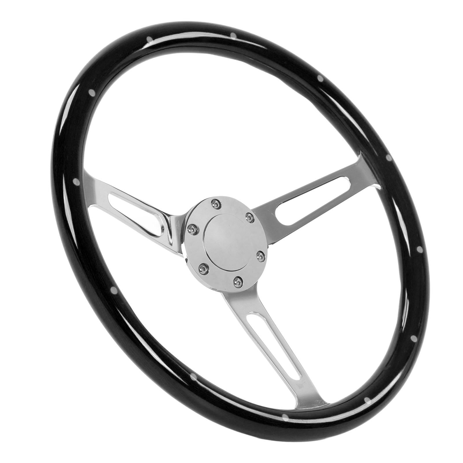 Retro Steering Wheel, 3 Spoke 15in Diameter Riveted 6 Hole Classic Wood