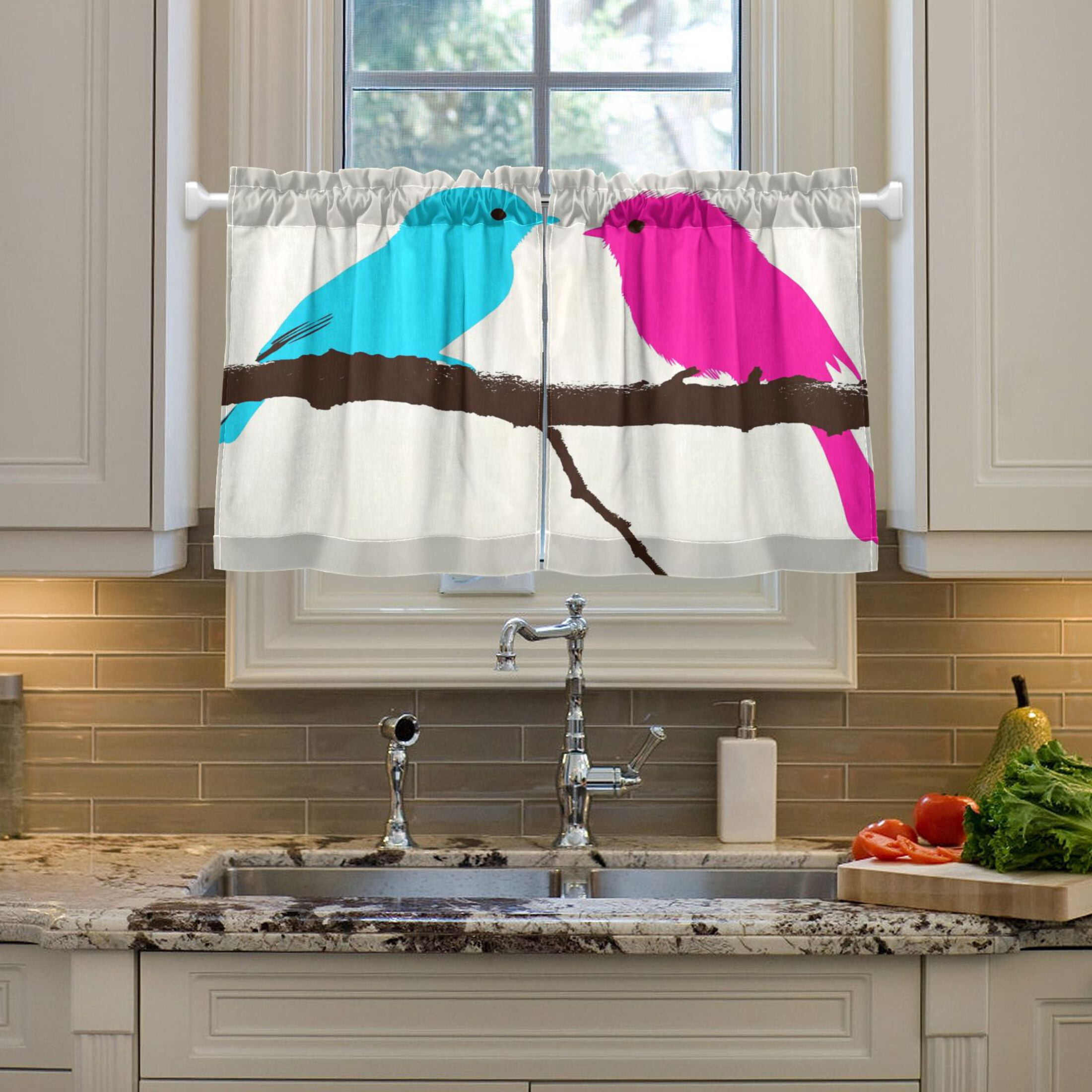 Colorful Birds 27"x36" Linen Look Cafe Curtain Set with Privacy and UV Protection