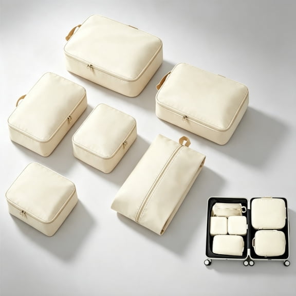 Jademall 6-Piece Travel Packing Cubes, Lightweight Polyester Luggage Organizer Bags with Compression for Carry-On Suitcases - Beige
