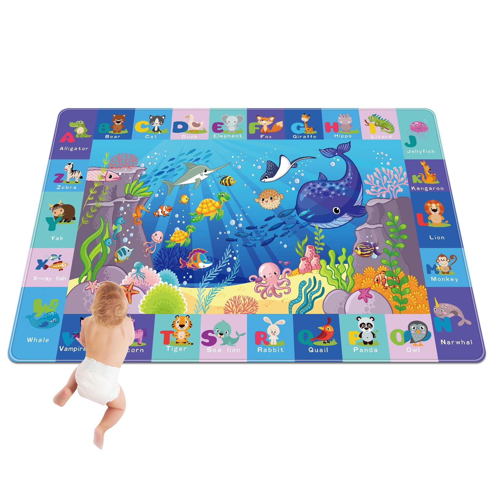 Baby Mat for Floor, Baby Kids Play Mat Rug, Sea Animals Playmat Baby Crawling Mat for Floor, Tummy Time Mat, Non-Toxic Non-Slip Foldable Kids Rugs for Playroom, 59X39.4 INCH