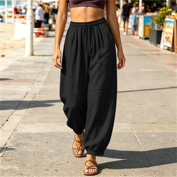 Mifsaly Womens Baggy Joggers Cotton Linen Flowy Pants Lightweight Loose Fit Drawstring Elastic Waist Casual Trousers with Cuffed Hem for Lounge Vacation Black,M