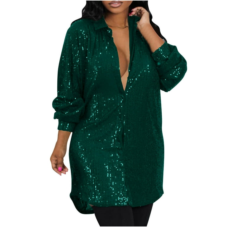 BLTIBY Women's Sequin Button Down Shirt Dress Solid Color Long Sleeve Loose  Fit Blouse Top Mini Dress Party Clubwear Green L - Walmart.com