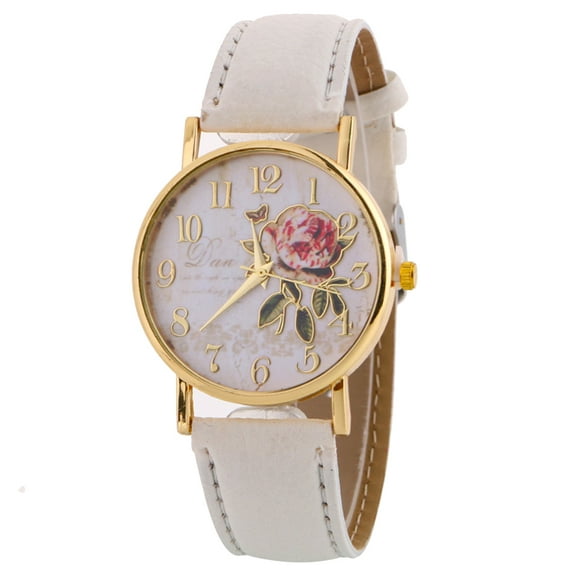 NUZYZ Women Arabic Number Rose Flower Round Dial Faux Leather Band Quartz Wrist Watch