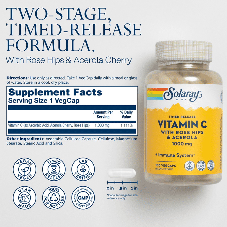 Solaray 1000mg Vitamin C Capsules, 100 VegCaps, High