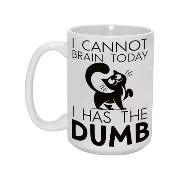 15oz Funny Cat Mug - 'I Cannot Brain Today I Has The Dumb' Humorous Black Cat Print Ceramic Coffee Cup, 15 Ounce, Perfect Gift for Cat Lovers