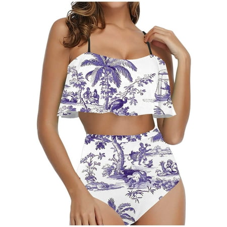 WNYEIME Womens Ruffled Bikini Sets High Waisted Padded Push-Up Bathing Suits Retro Printed Spaghetti Straps Swimsuits Two Piece Tummy Control Swimwear Purple XL