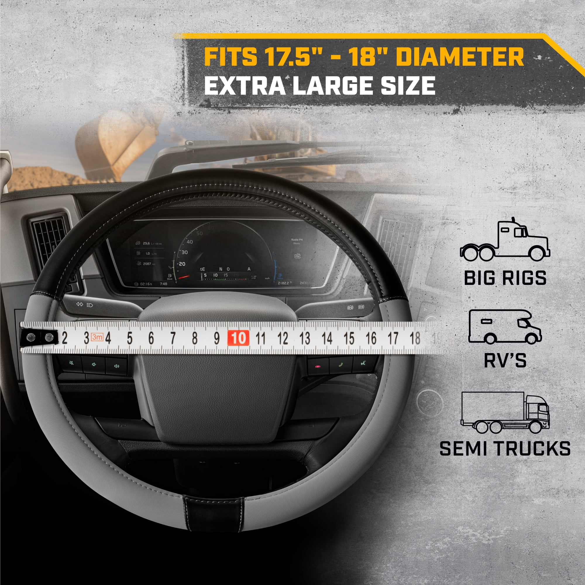 Cat® BigDrive Faux Gray/Black Leather Semi Truck Steering Wheel Cover, Extra Large 18 inch Size, for Trucks 18 Wheeler