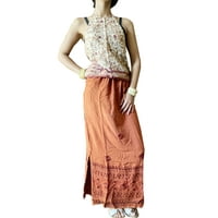 Mogul Women Russet Long Skirt Side Slit Straight Floral Embroidered Retro 70s Chic, Beige Halter Top, 2pcMaxi Skirts SM