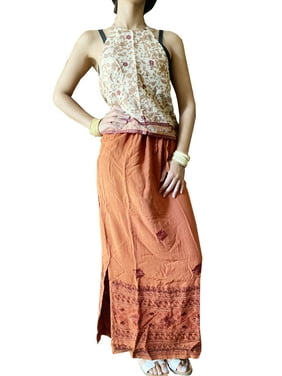 Mogul Women Russet Long Skirt Side Slit Straight Floral Embroidered Retro 70s Chic, Beige Halter Top, 2pcMaxi Skirts SM
