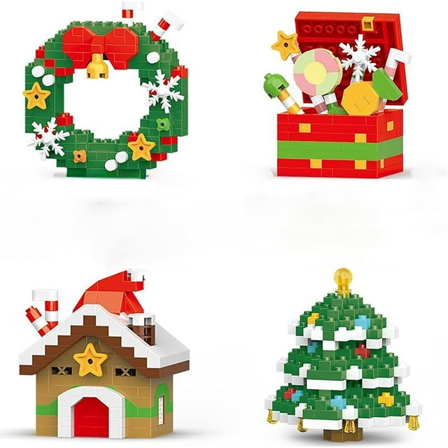 2026 Christmas Building Block Decoration Set Mini Holiday Building Block Model Figurine DIY Decoration Ornaments Christmas Best Gift (4-Piece Bell Gift Box Cottage Tree)