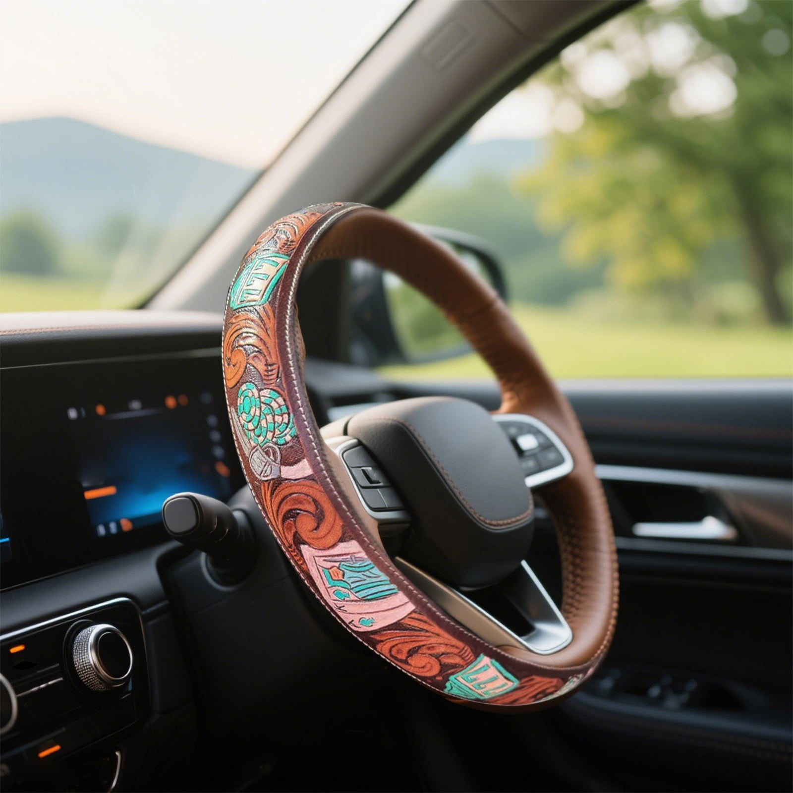 Western Steering Wheel Cover,Retro Western Cowboy Car Universal Steering Wheel Cover,Embossed Hand-Painted Leather Western Car Accessories, for Women Man, Anti- Design Easy to Install (A)
