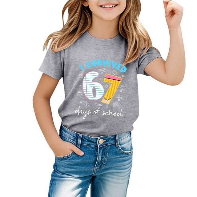 FYEGRE T-shirt pour Enfants 67 Mèmes, Imprimé Graphique Cool, Col Rond, Confortable, Décontracté, pour Garçons, Gris, 12-13 Ans