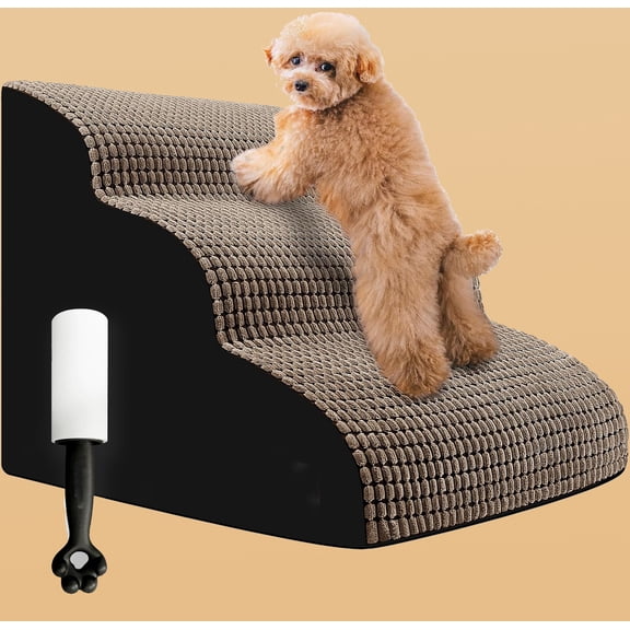 Dog Stairs, 3 Step Ramp for Small Dogs and Cats, Curved Steps for Sofa Couch or Chair, Portable Pet Stairs for High Bed, Non-Slip Balanced Pet Step, Brown