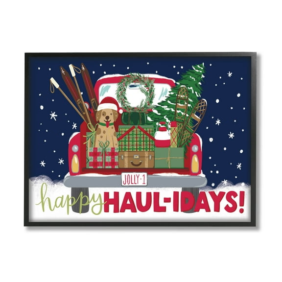 Stupell Industries Happy Haul-idays Christmas Gift Truck Graphic Art Black Framed Art Print Wall Art, Design by Amanda McGee