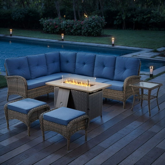 Parkwell Outdoor Sectional Sofa Furniture Set with Fire Pit Table and Ottoman, Patio Wicker Conversation Set, Brown/Navy