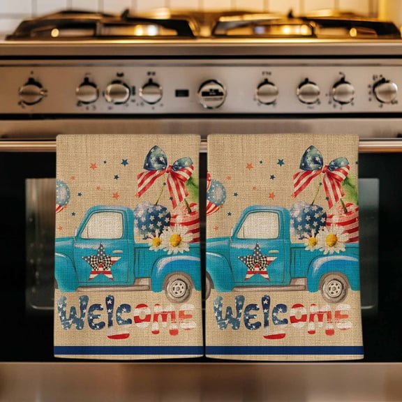 4th of July Kitchen Towels Set of 3, Blue Truck Balloon Floral Independence Day Absorbent Dish Towels for Kitchen, Microfiber Hand Towel, Quick Drying Tea Towel for Cleaning Decorative Dishcloths