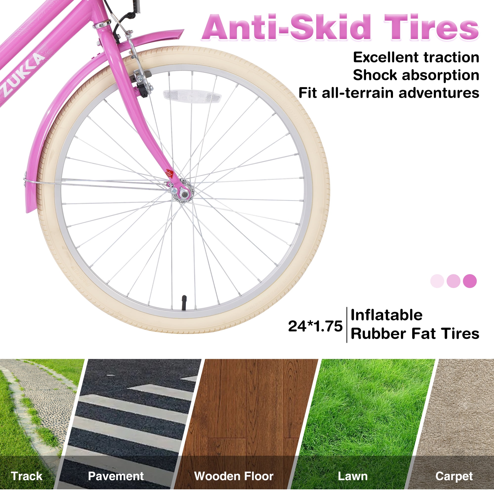 Aukfa 24 inch Cruiser Bike with Basket, Cruiser Bike Children's Bicycle for 10+ Years Old Kids, Pink