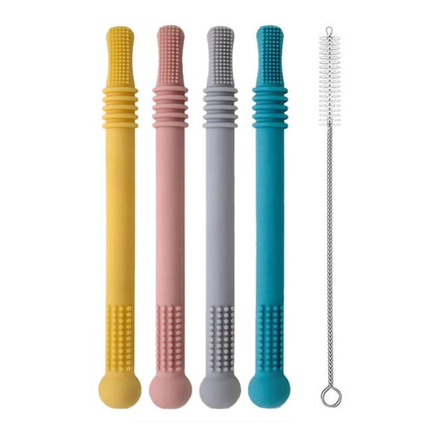 Juguete De Dentición Para Bebé De Silicona De Grado Alimenticio Con Tubo De Mordedor Hueco De 4 Piezas Con Un Cepillo De Limpieza Cateissary BA001038-00