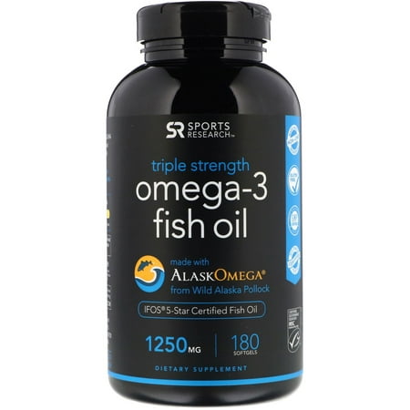 Sports Research  Omega-3 Fish Oil  Triple Strength  Triglyceride Form  1250 mg  180 (Best Form Of Fish Oil)