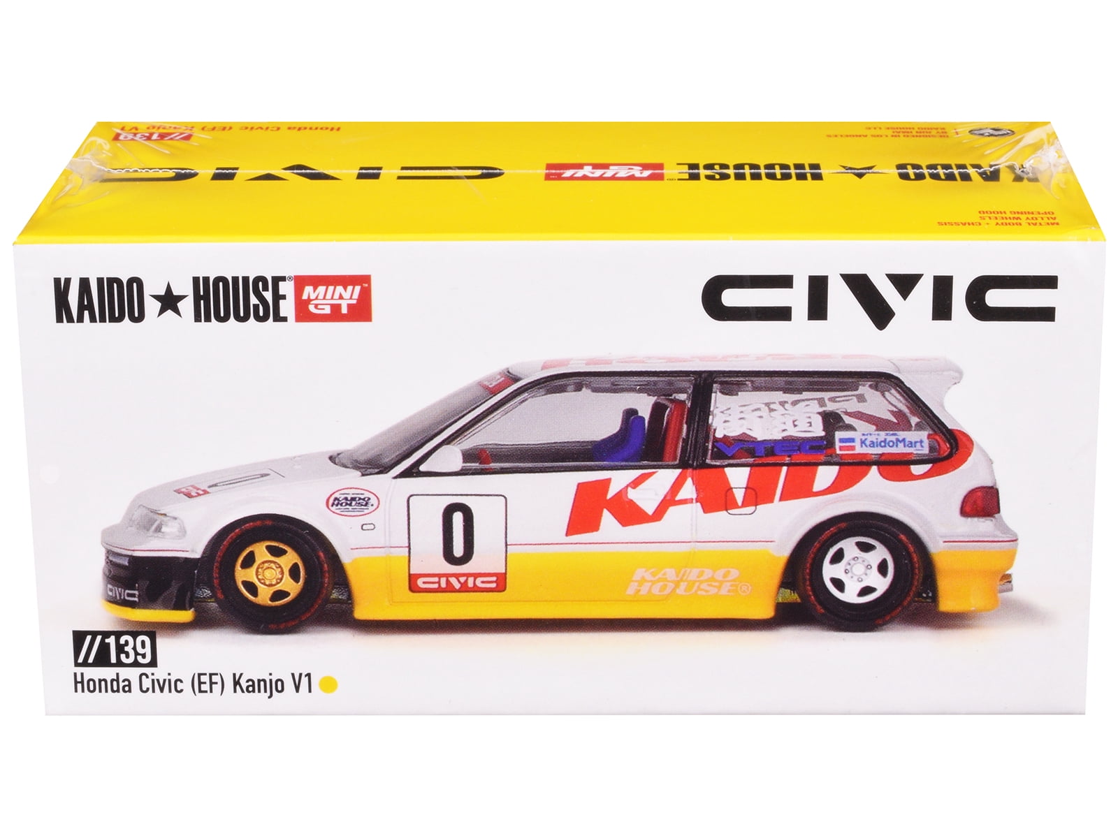 Mini GT KHMG139 Honda Civic - EF Kanjo V1 No.0 Silver Metallic & Yellow - Designed by Jun Imai Kaido House Special 1-64 Scale Diecast Model Car
