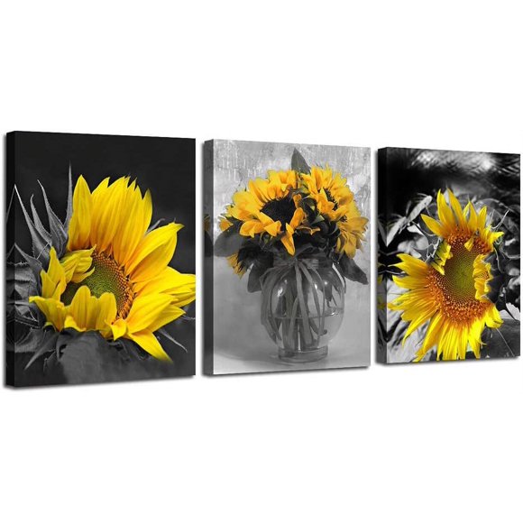Sunflower Painting Canvas Wall Art Yellow Flowers Prints, Summer Florals Black White Modern Pictures Framed for Bedroom Bathroom Living Room Spa Salon Home Office Wall Decor, 12"x16"x3 Panels