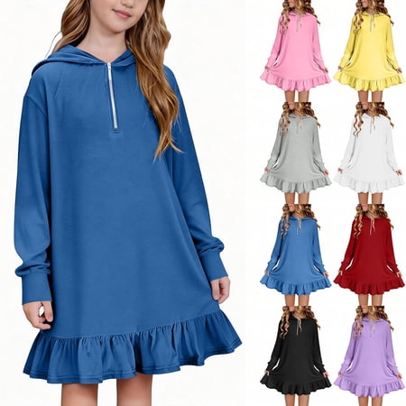 Bnwani Girls Solid-Color Hooded Long-Sleeve Dress Casual Loose-Fit Ruffle-Hem Zip-Up Cotton Blend Leisure Wear for Everyday Comfort Gray Size 7