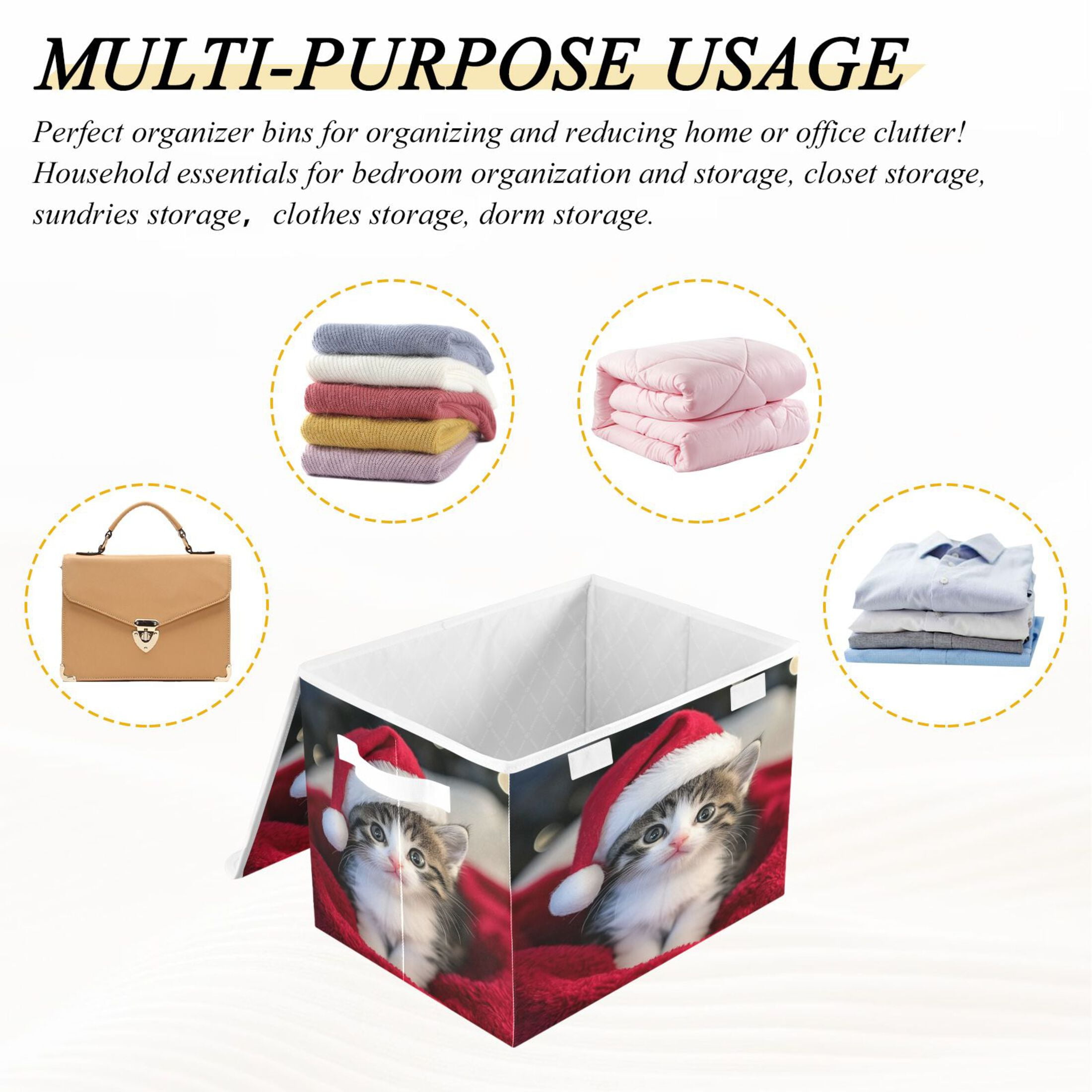 Storage Box With Lid 16.5x12.6x11.8In Foldable Stacked Household Storage Box Santa Hat Cat Picture