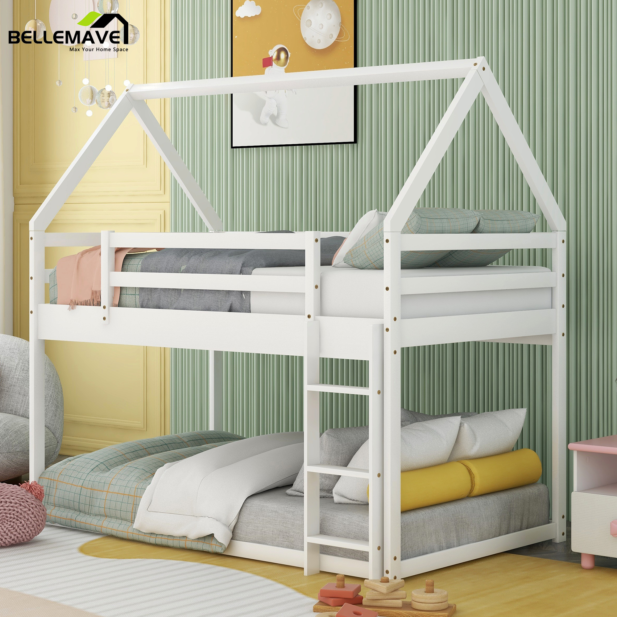 Bellemave Wooden House Bunk Bed, Twin over Twin Bunk Bed with Ladder