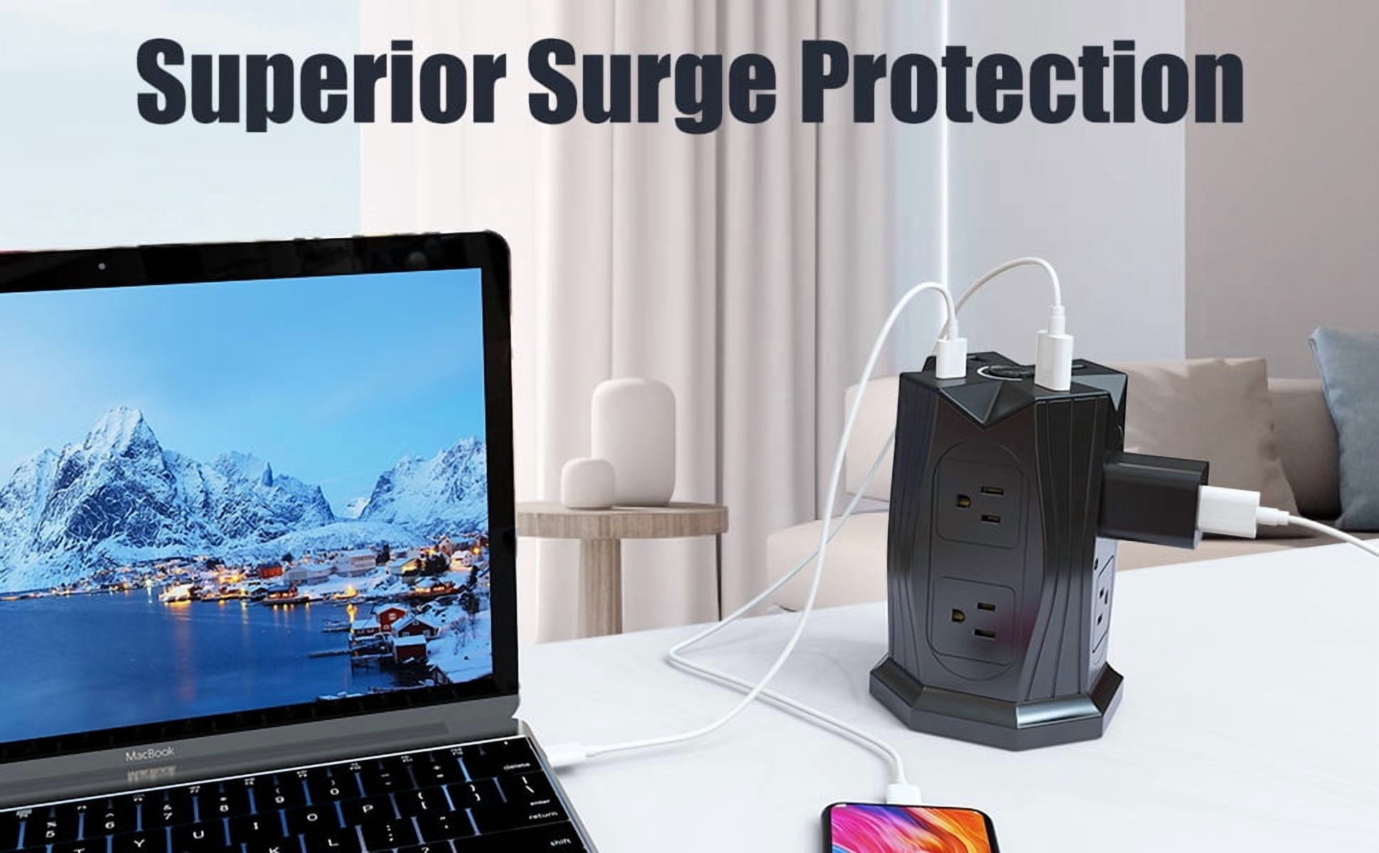 Tower Power Strip with Surge Protection,  8 AC Outlets + 3 USB +Type-C Ports, 6.5Ft Extension Cord