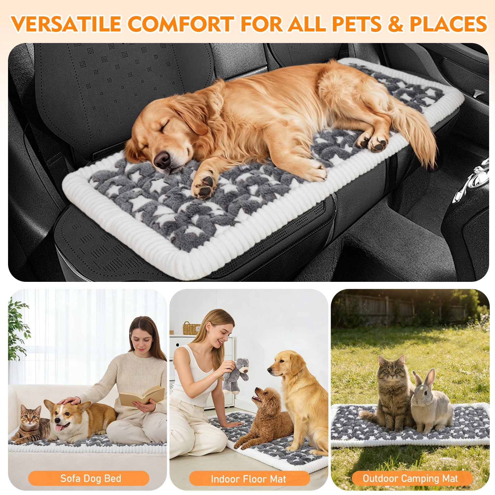 Greatcool Washable Pet Mat (54"x24"), Flannel Soft Dog Bed Mat with Non-Slip Bottom & PP Cotton Filling, Fits for 45 Inch Dogs Crate, Cozy for Sofa, Floor, Yard & Lawn and car backseat(Stars Print)