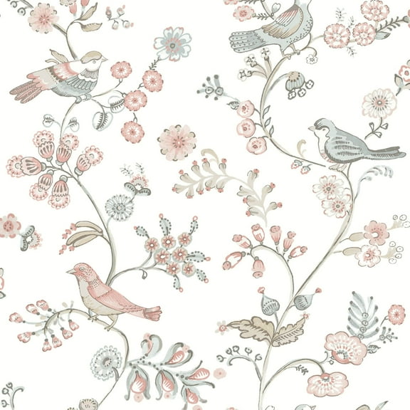 3122-10805 Jinjur Blush Bird Trail Wallpaper with Twining Vines in Blush Pink Off White Gray Colors Farmhouse Style Prepasted Acrylic Coated Paper