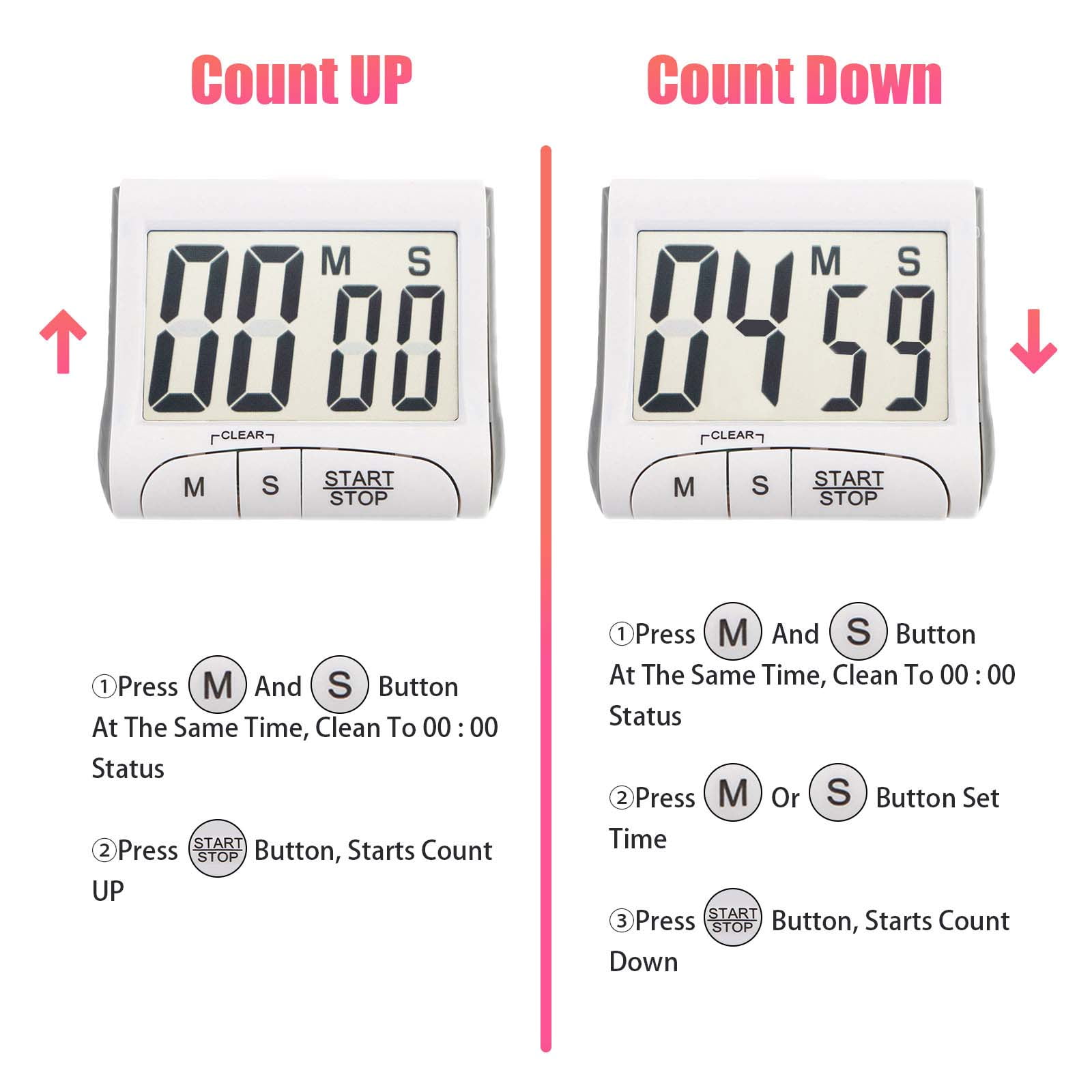 Quick-Set Buttons Mute Function Loud Alarm Black Lavatools KT3 Kitchen Timer & Stopwatch Magnetic Stand Renewed Large Digits 