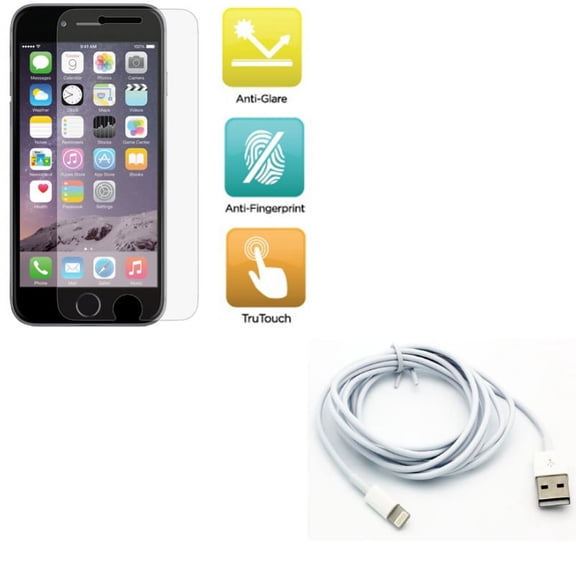 iPhone 8/7/6S/6 - Film TPU Screen Protector w Charger Cord 6ft USB Cable - Anti-Glare Anti-Fingerprint Matte, Power Wire Long Sync Fast Charge for iPhone 8/7/6S/6
