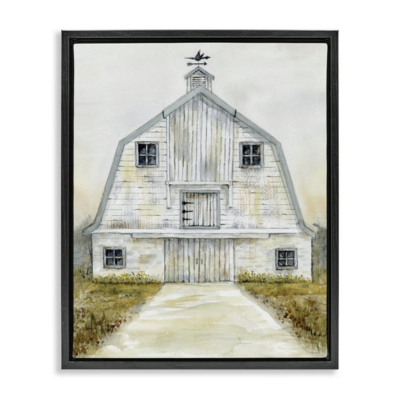 Stupell Industries White Barn Grey Trim Landscape Painting Black Floater Framed Canvas Art Print Wall Art, 17 x 21