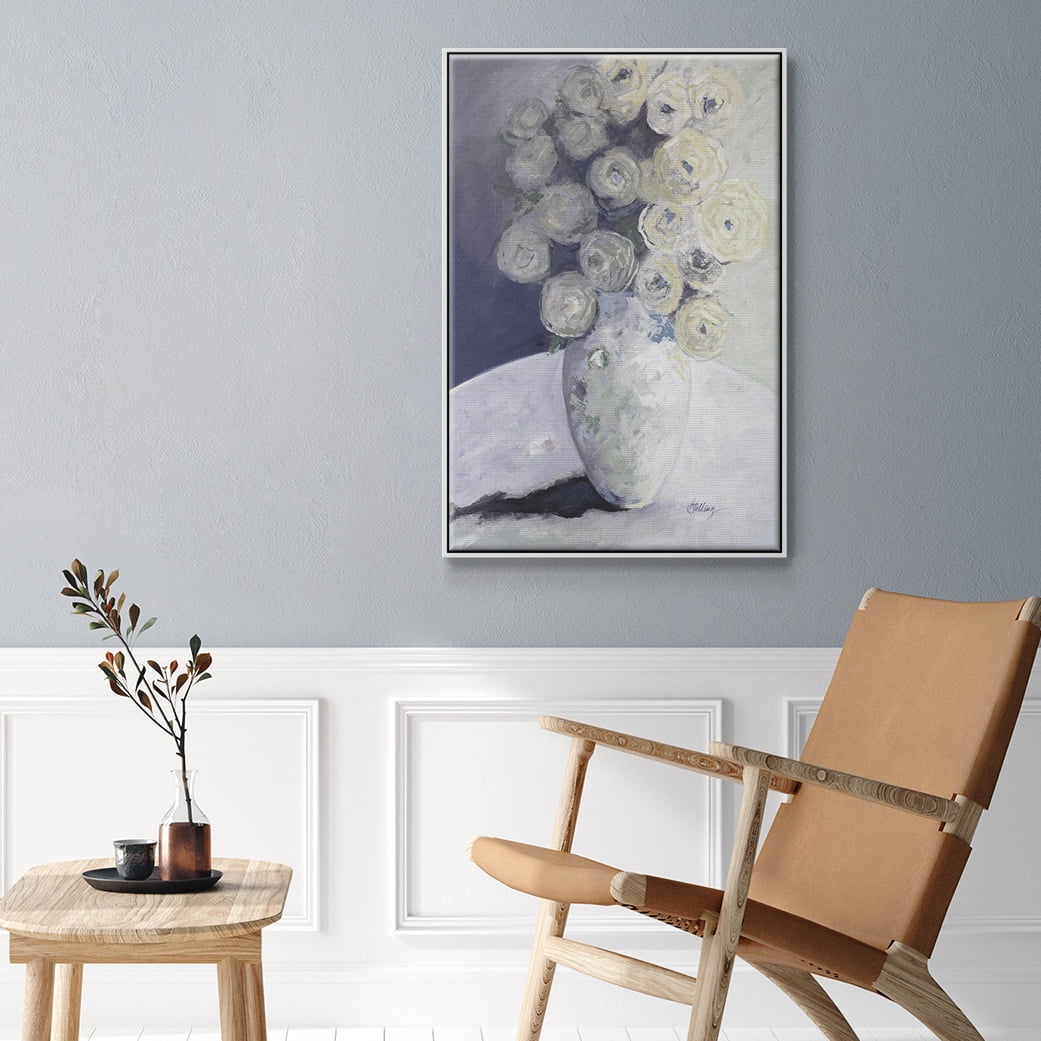Green Vase with Yellow Flowers Framed Premium Gallery Wrapped Canvas - Ready to Hang - 25 x 37 - White Floating Frame