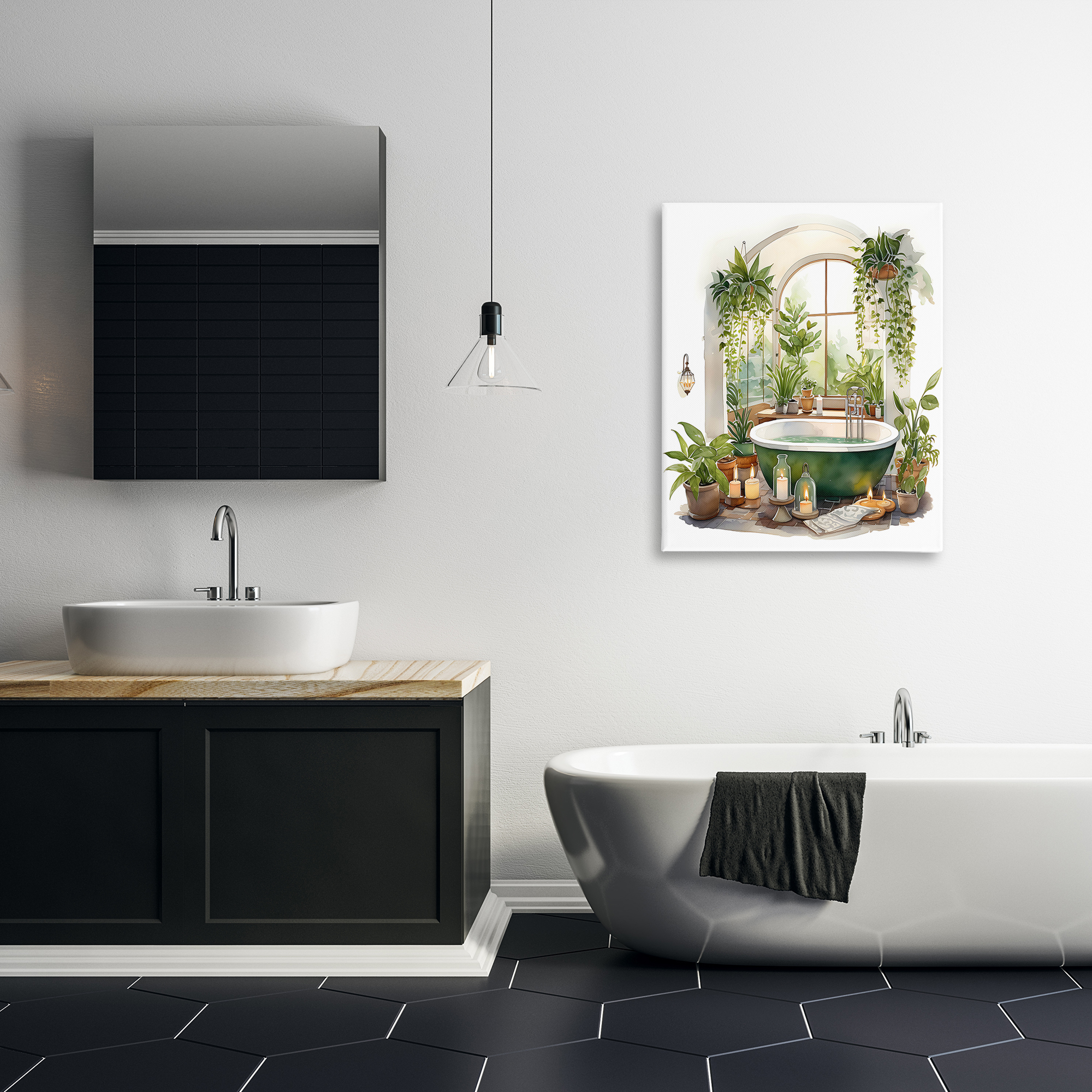 Tranquil Tub with Candles & Greenery Canvas Wall Art, design by Lettered and Lined