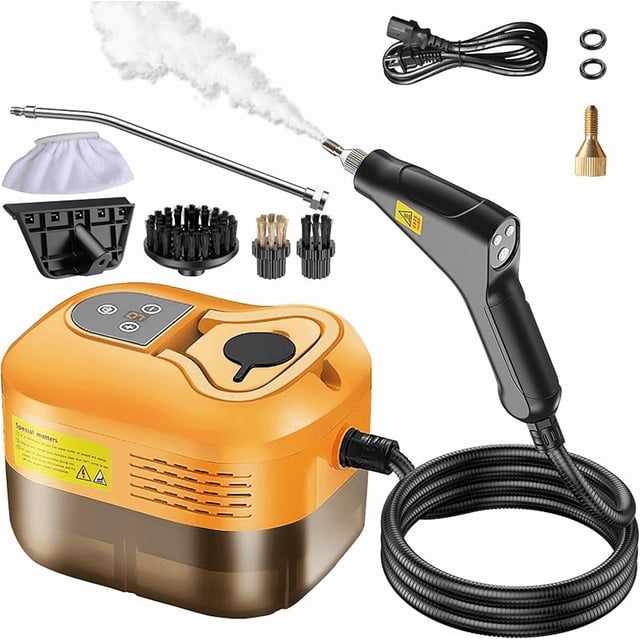 limpiador a vapor para detalles del hogar y el automóvil, limpiador a vapor de mano a presión de 2500w, calentamiento rápido de 15s, salida de vapor de 6 niveles, tanque de agua de 1,2 l Unidad amarilla compacta con depósito traslúcido de 1.2 L y panel superior con botones, pistola de mano negra conectada por manguera corrugada, boquilla metálica alargada emitiendo vapor y accesorios visibles (cepillos redondos, boquillas, cable de alimentación y funda). Diseñado para limpieza de interiores de autos y superficies del hogar; también suele usarse para limpiar tapicería y juntas durante mantenimiento ligero.