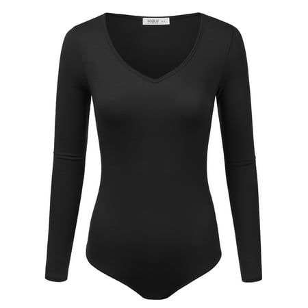 Doublju Women's Basic Long Sleeve Stretchy V-Neck Bodysuit Tops BLACK S
