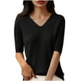 thumbnail image 1 of Womens Short Sleeve V Neck T Shirt 2025 Summer Ribbed Knit Slim Fit Basic Solid Color Tee Tops Fashion Clothes, 1 of 3