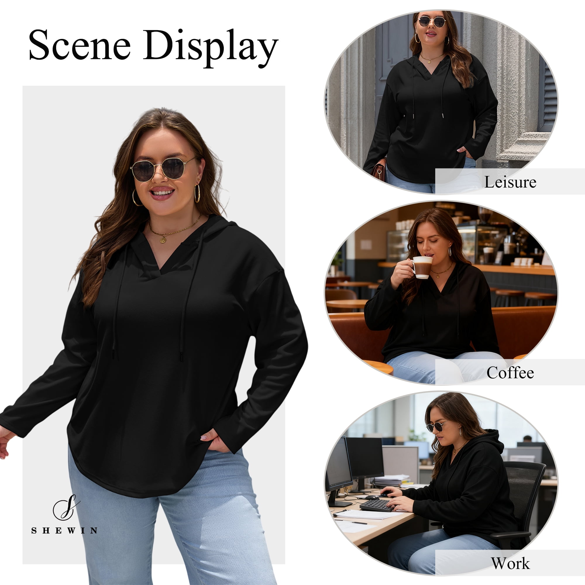SHEWIN Sweatshirt for Women Plus Size Hooded Sweatshirts Fleece Sweatshirt V Neck Drawstring Long Sleeve Hoodie Pullover Tops for Fall 2025 Black 3X