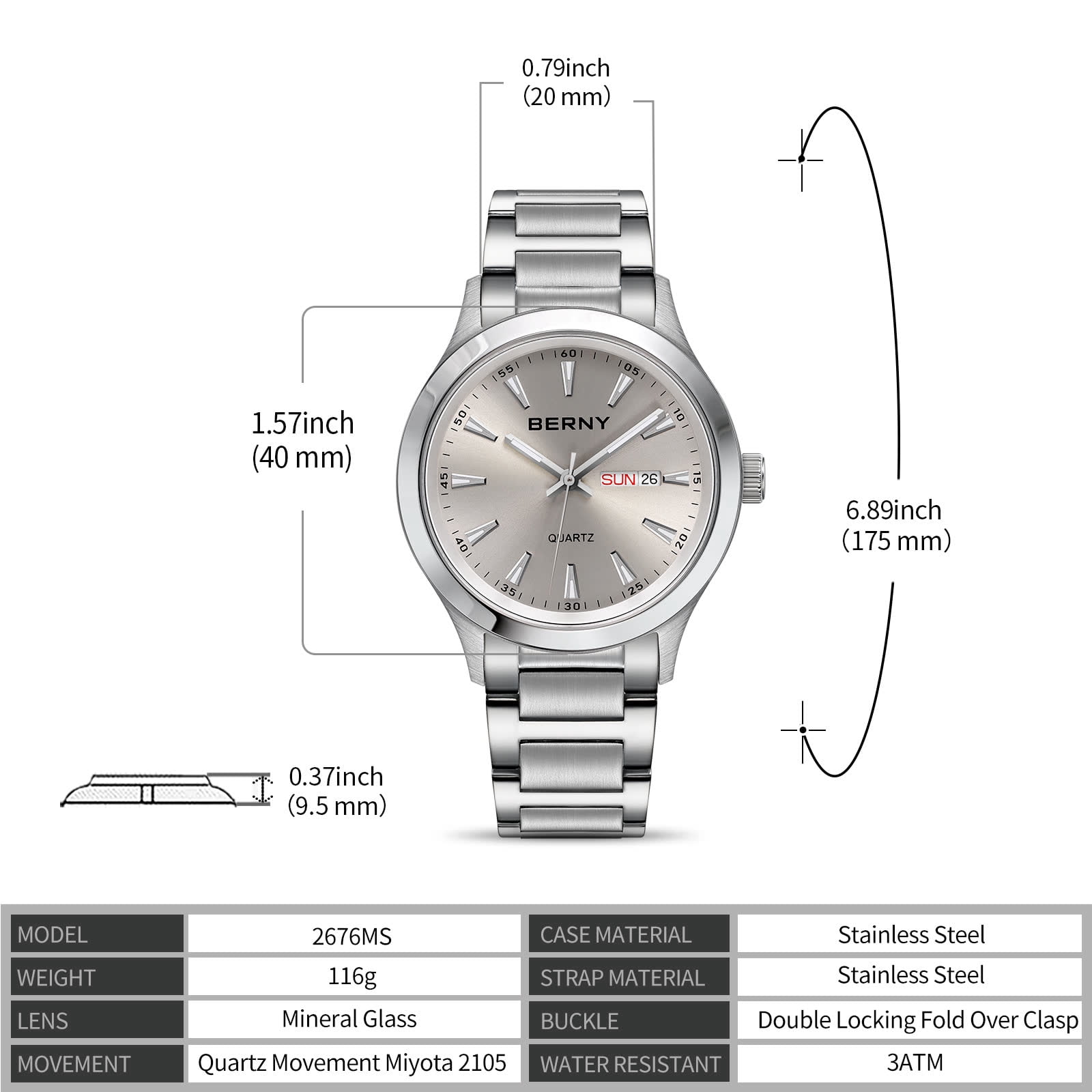 BERNY Quartz Watch for Men, Fashion Sports Wrist Watches with Solid Stainlesss Steel Case & Band, Date & Day Calendar, Casual Waterproof Men's Watches, Gray
