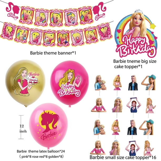 Pour Barbie Thème Décoration Ballons roses Tirer Drapeau Bannière Gâteau  Insérer Ensemble de cartes Filles Fête d'anniversaire Fournitures Ornement